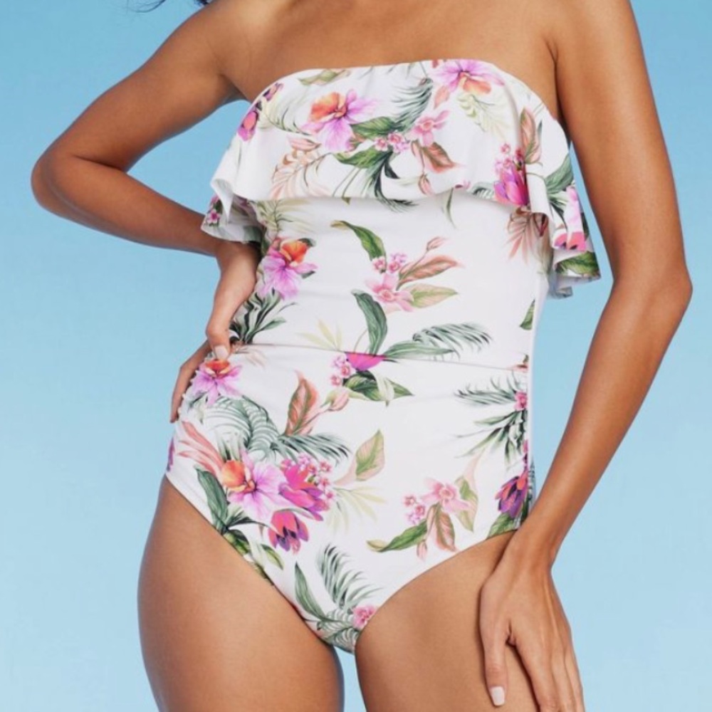 Kona Sol Floral Ruffle Bandeau Swimsuit